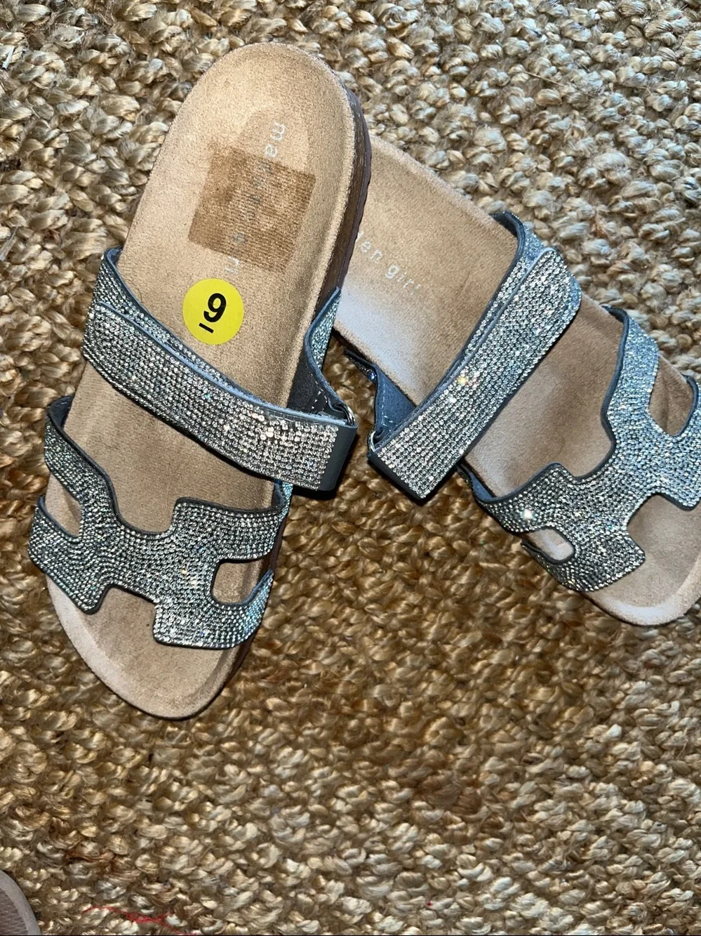 Madden Girl Silver Sparkle Velcro Double-Strap Slide Sandals Bling Sz 9